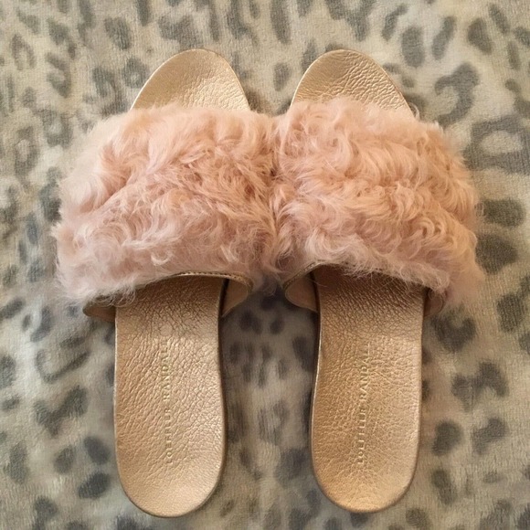Loeffler Randall Domino Shearling Sheep Fur Flat Slides Pink / Rose Gold Sz- 8B - Picture 4 of 8